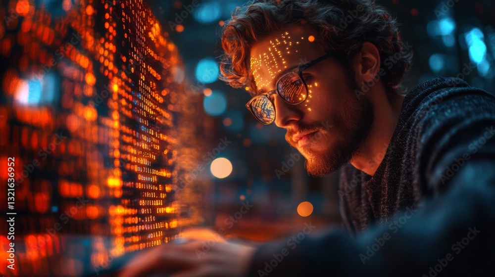 Fototapete A person analyzes complex quantum encryption methods using qubits and superposition at a dimly lit workspace. The environment is filled with glowing binary code and futuristic elements.