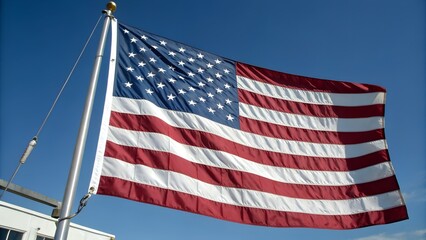 American Flag Waving on a Flagpole Against a Blue Sky