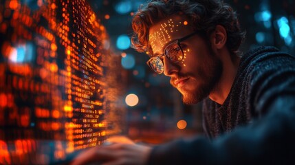 A person analyzes complex quantum encryption methods using qubits and superposition at a dimly lit workspace. The environment is filled with glowing binary code and futuristic elements.