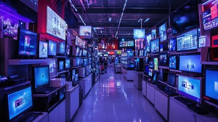 Obraz premium A vibrant electronics store showcasing numerous televisions and displays, with colorful lights reflecting on polished floors