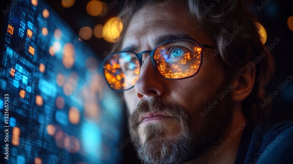 Aufkleber A researcher focused on quantum computing analyzes complex datasets using neural networks. Bright reflections illuminate their glasses, revealing intricate data patterns.