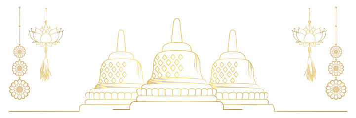 Happy Vesak Day with Lotus Flower and Temple line art vector 1