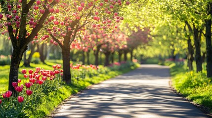 Naklejka premium Beautiful Blossoming Apple Trees and Tulips in a Sunny Park Setting