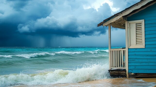 A dramatic seascape featuring a rustic blue beach hut against a stormy sky and powerful ocean waves, capturing the essence of coastal weather and natural beauty. - Powered by Adobe