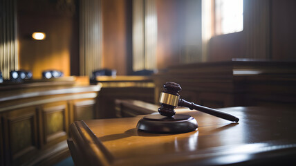 Obraz premium An empty courtroom bathed in dramatic lighting, symbolizing justice, authority, and the weight of legal decisions in a solemn and powerful setting.