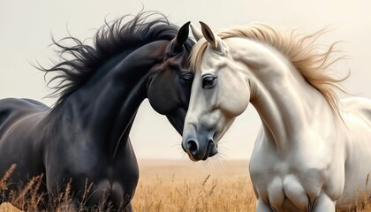 Obraz premium Two horses embrace tenderly in countryside. Black, white purebred majestic mammals hug. Symbolize equine emotion, love, friendship. Brown grass on background. Head to head portrait of animal farm