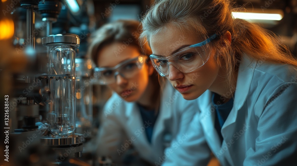Aufkleber Two scientists in lab coats and safety goggles focus intently on a complex experiment involving qubits and quantum entanglement, demonstrating advanced research techniques.