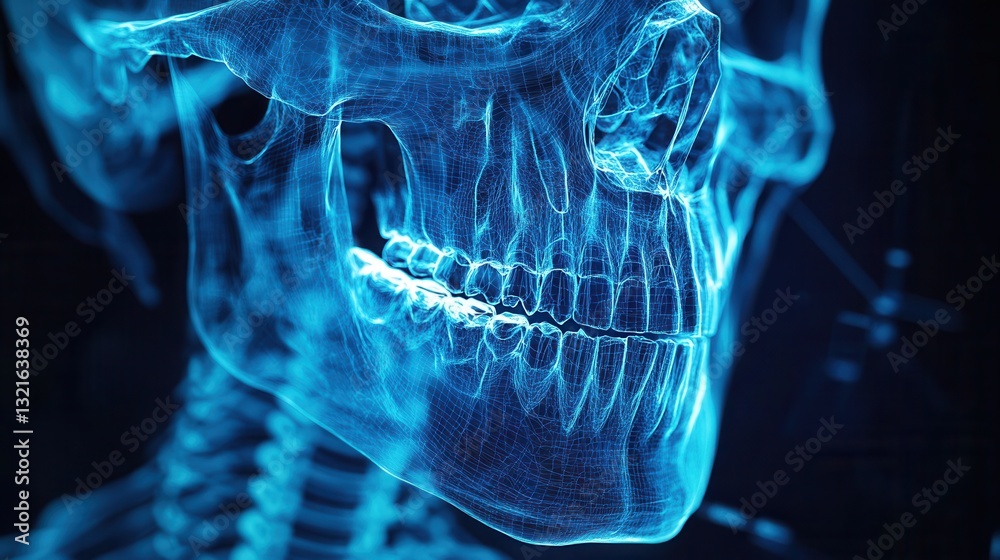 Poster x-ray blueprint of a jawbone illustrating implants with glowing skeletal outlines and detailed denta