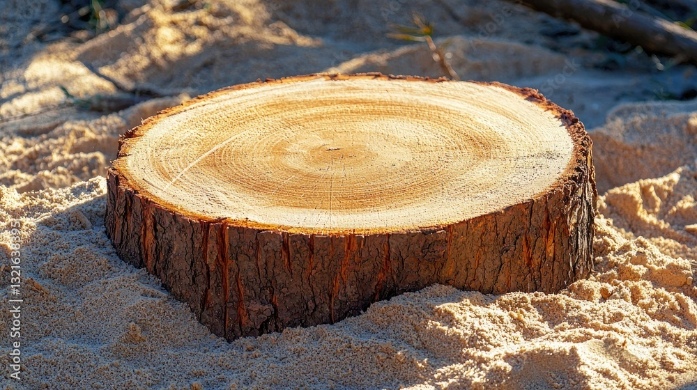 Poster A freshly cut tree stump with sawdust around it in a logging area. 