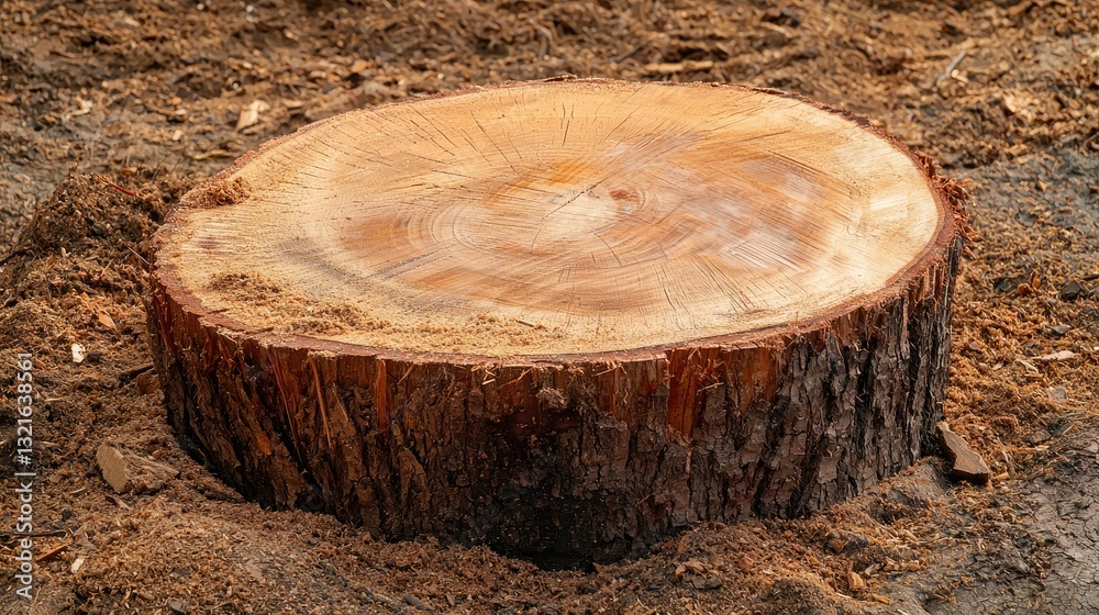 Poster A freshly cut tree stump with sawdust around it in a logging area. 
