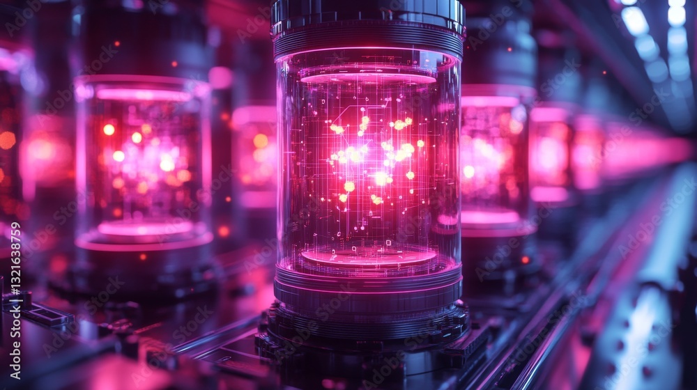Poster A high-tech laboratory showcases glowing containers filled with qubits, illustrating quantum phenomena like superposition and entanglement.