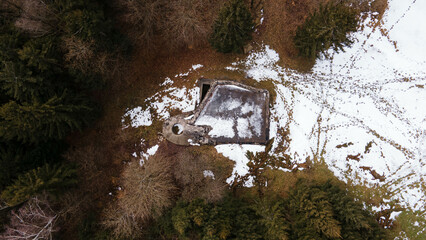Aerial top-down view of an abandoned Czechoslovak military bunker near Lichkov. A historic WWII...