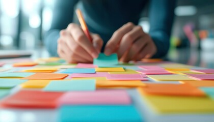 Fototapeta premium Hands arranging colorful sticky notes