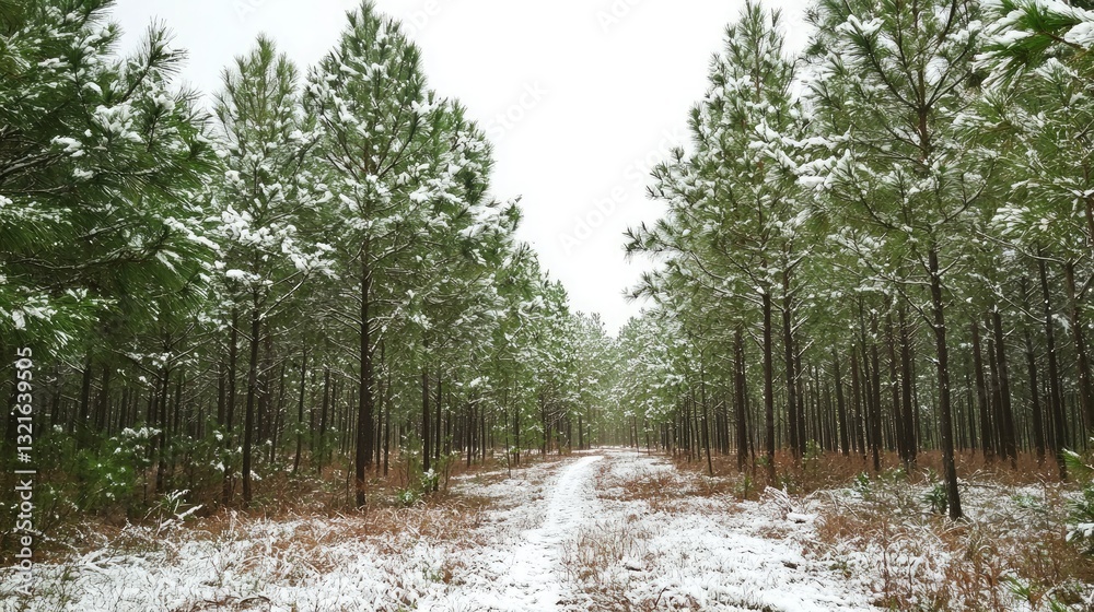 Poster a forest of tall, green pine trees covered in a light dusting of snow.