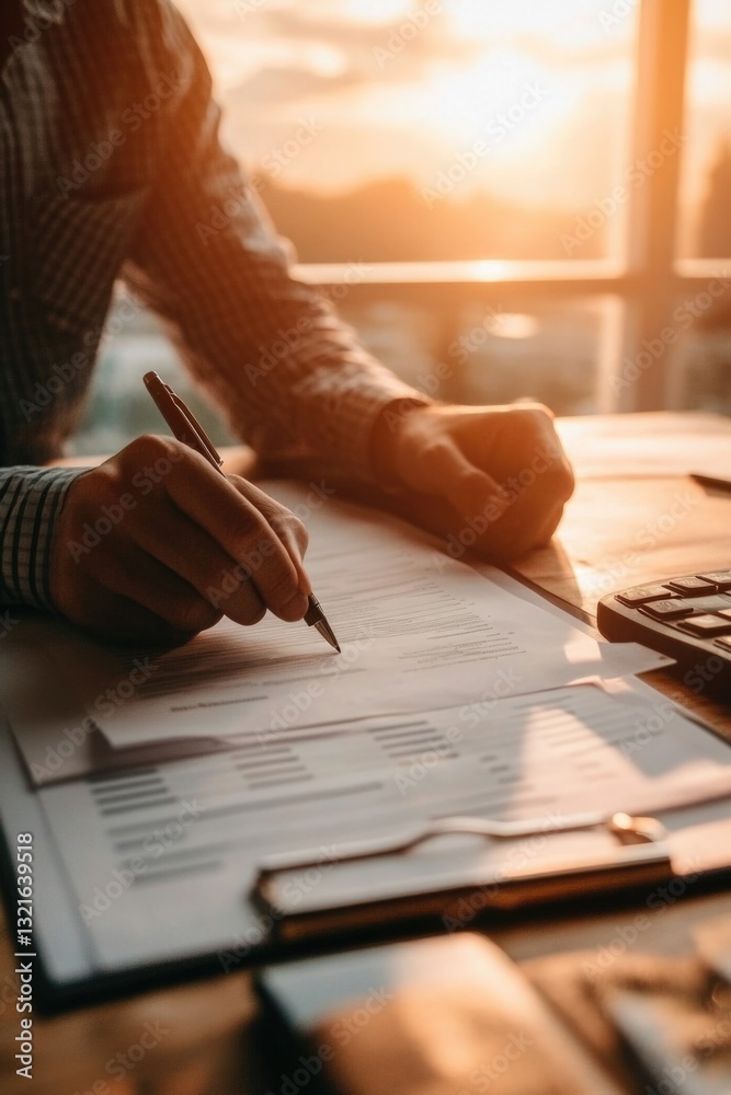 Poster a person working on a desk with a calculator and pen, possibly doing accounting or financial tasks