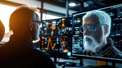 Man Analyzing Digital Avatar on Computer Screen in Modern Office with Futuristic Visuals and Technology Elements