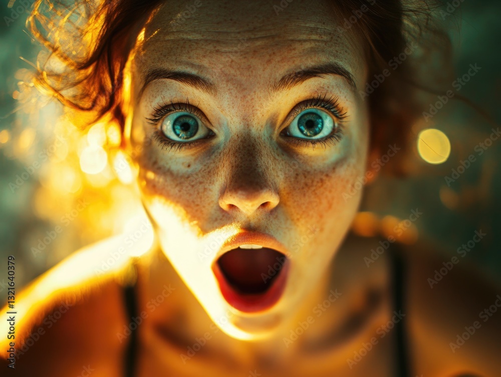 Poster close-up portrait of a woman with an unexpected reaction, suitable for various emotional or surprise