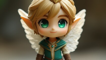 Fototapeta premium Chibi Style Elf Prince Doll With Angelic Wings and Golden Crown in Fantasy Attire