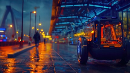 Naklejka premium Futuristic Urban Scene with Autonomous Vehicle in Rainy Night Setting with Vibrant City Lights and Reflections