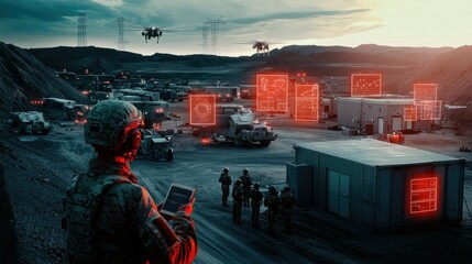Futuristic Military Operations with Drone Surveillance and Advanced Technology in Rugged Terrain at Dusk
