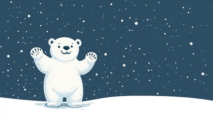 A cheerful polar bear waving in a snowy landscape under a starry night sky, evoking a sense of winter joy