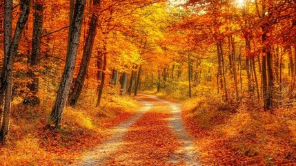 Obraz premium A forest during autumn, showcasing orange, yellow, and red foliage 