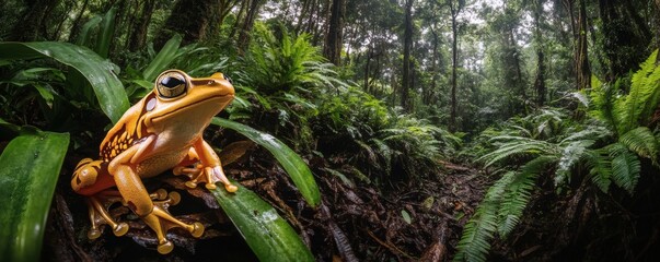 A vibrant frog poses among lush vegetation inside a forest