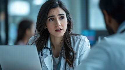 Obraz premium Concerned Female Doctor Engaging with Patient in Modern Healthcare Setting