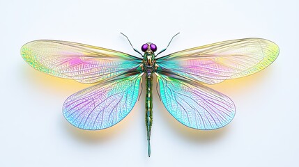 Colorful iridescent dragonfly with delicate translucent wings in pastel hues on a white background