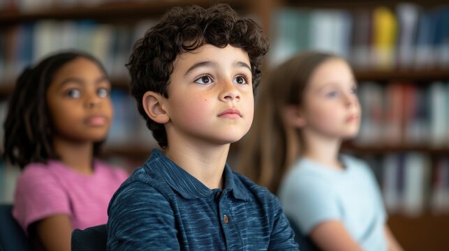 Inclusive classroom environment concept. Three children attentively listen in a library setting, showcasing curiosity and focus in an educational environment.