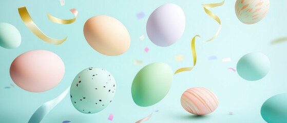 Colorful Easter eggs in pastel shades like pink, green, and blue float with golden and pink ribbons, confetti on a light blue background. Cheerful and festive holiday scene ideal for Easter decoration