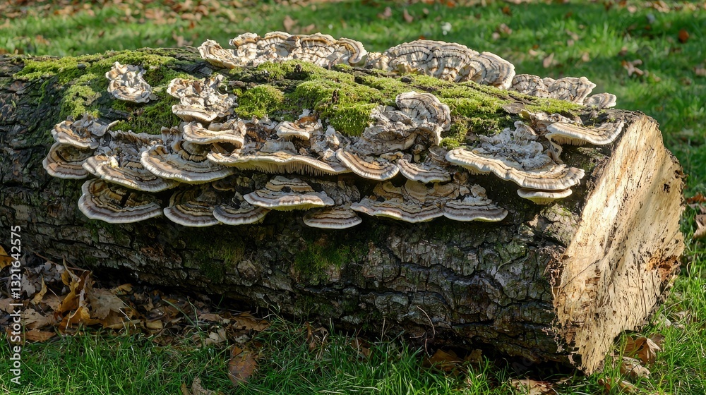 Aufkleber a fallen tree trunk with moss and mushrooms growing on its surface.
