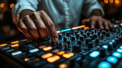 Fototapeta premium A music producer focuses intently on the mixing console, adjusting levels and effects as vibrant lights illuminate the studio during a bustling evening session