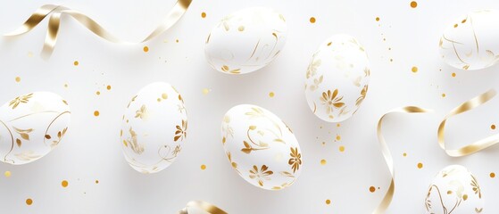 Elegant Easter eggs featuring intricate golden floral and leaf patterns set against a white background, complemented by golden ribbons and dots. Sophisticated festive decor for holiday celebrations.
中