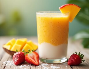 Deliciously refreshing summer smoothie featuring vibrant layers of blended mango, strawberries, and creamy coconut milk in a tall glass perfect for a tropical fruit indulgence