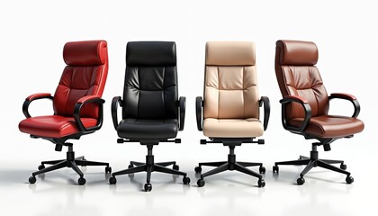 Obraz premium Collection of four leather office chairs on wheels. Red, black, beige, brown colors. Executive armchairs for boss, manager. Comfortable furniture object for interior design. Empty seats isolated on