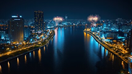 Metropolitan Celebration: Cityscape Fireworks Over a River at Night