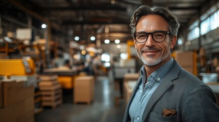 Fototapeta premium A confident man stands smiling in a busy warehouse filled with wooden crates and machinery