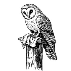 Engraved owl perched on a wooden post illustrating nature's beauty for tattoo inspiration and packaging designs