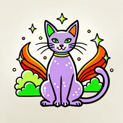 a cartoon cat with colorful and vivid elements around it, this is vector art style 