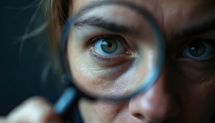 Close-up of woman holding magnifying glass to eye. Concept of investigation, verification, fact checking, truth finding. Focus on detective work, searching for answers. International Fact Checking