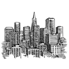 Intricate engraving of a city skyline with towering buildings, showcasing architectural elegance in vector design
