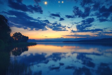 Fototapeta premium Serene Sunset Landscape Peaceful Lake Twilight Sky Mountains Nature Scenery Tranquil Evening Beautiful Cloudscape Water Reflection Golden Hour Calm 