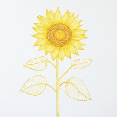 Fototapeta premium Beautiful hand-drawn sunflower illustration with vibrant yellow petals and delicate green leaves on a clean white background for decorative use
