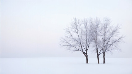 Fototapeta premium Frost-Covered Trees Standing Alone in an Empty Snowy Field