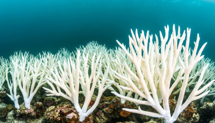 Obraz premium Global warming. Bleached coral reef underwater, showcasing environmental impact