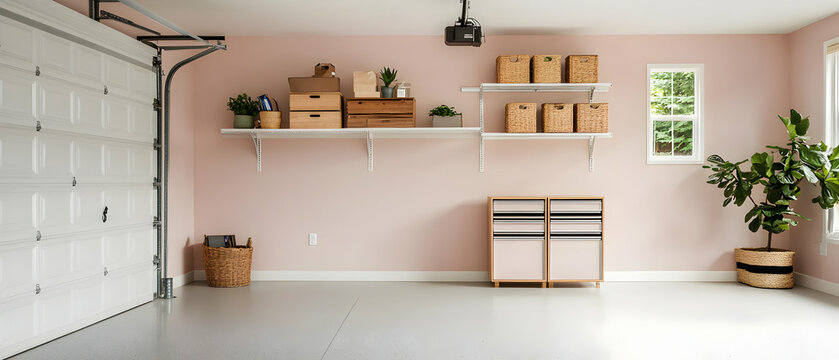 Organized Garage Interior With Pink Walls White Shelves And Storage Boxes In Modern Minimalist Style