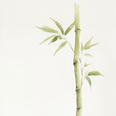 Obraz premium Elegant Bamboo Stem with Green Leaves Against a Minimalist White Background for Tranquil Nature Aesthetic or Environmental Themes