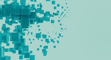 Abstract teal cubes scattered on light mint background