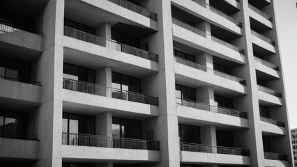 Monochromatic architectural facade of modern high-rise building with repeating balcony pattern, urban building exterior in minimalist black and white